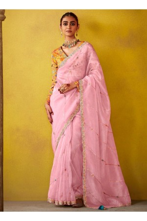 Light rose glass tissue sequins embroidered wedding saree with blouse 2157
